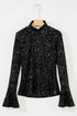 Sequin Mock Neck Drape Open Back Bell Sleeve Lined Top